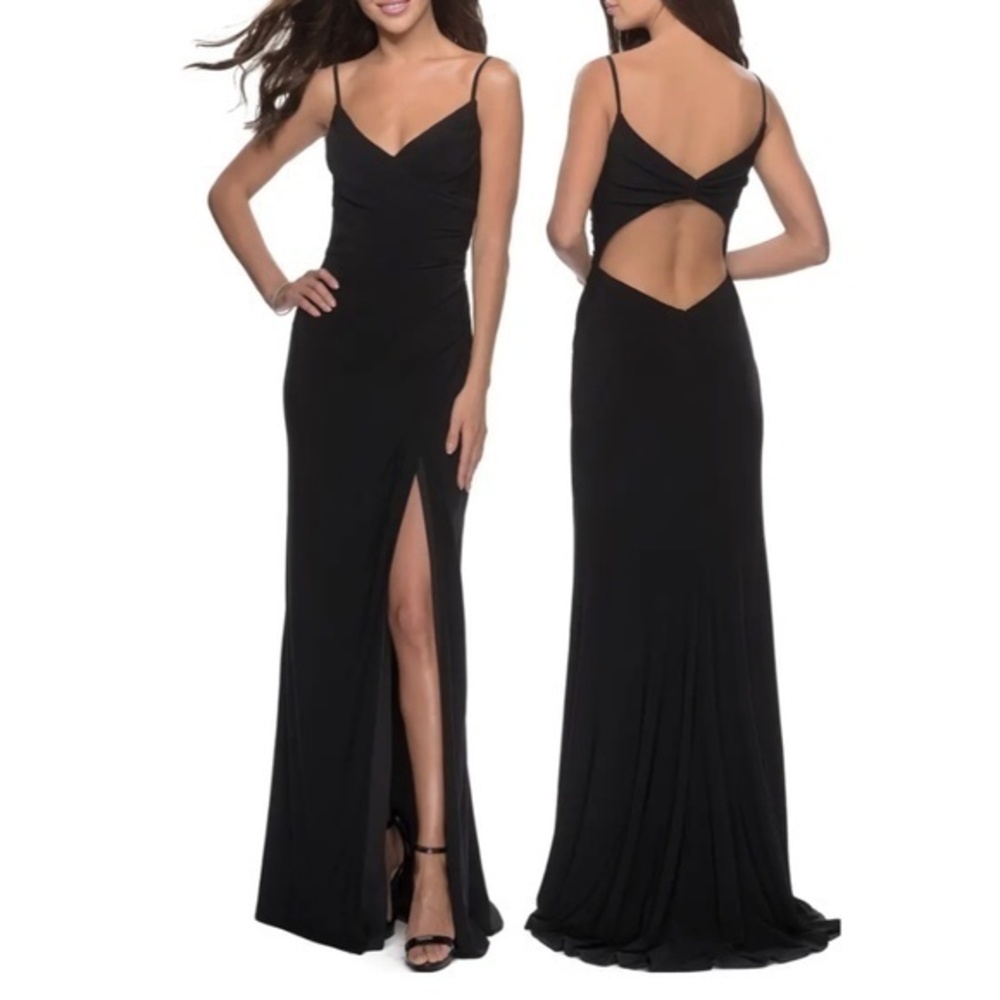La Femme Black Backless Slit Gown